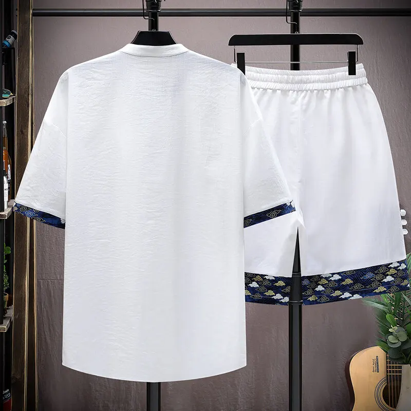 Conjuntos de verano 2025, camisa de manga corta con estampado de moda para hombre, pantalones cortos, conjunto suelto de estilo chino de dos piezas para hombre, conjuntos cortos para hombre