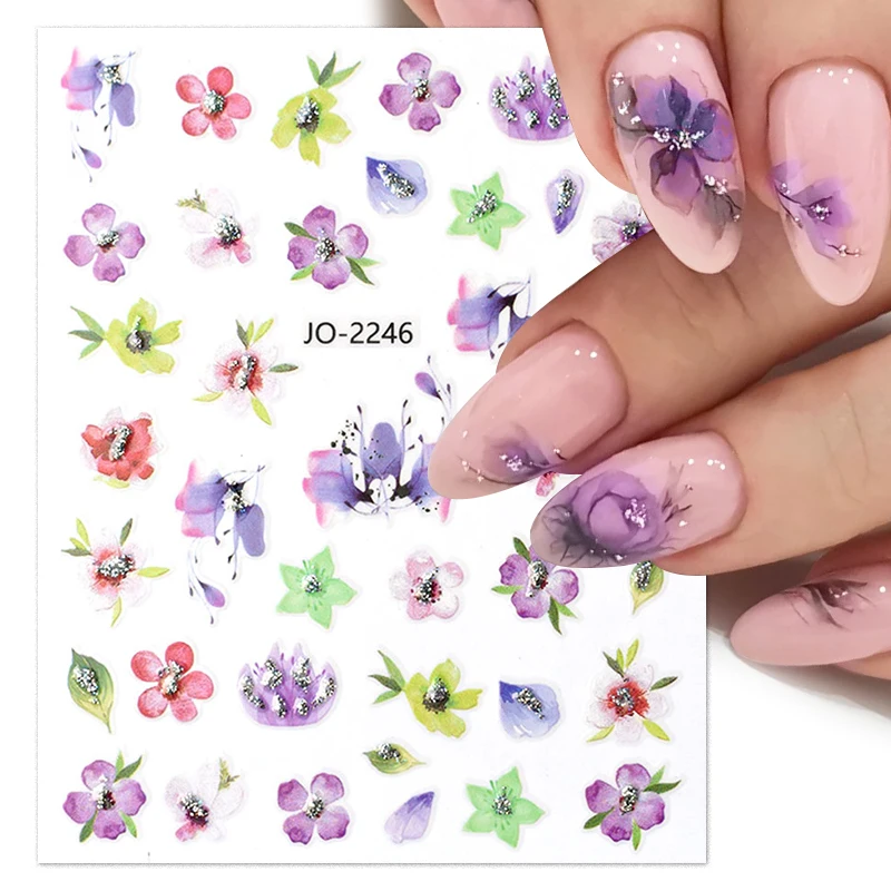 1Sheet 3D Nail Sticker Shining Glitter Watercolor Flower Splash Dot Line Decals Floral Leaf Self Adhesive Slider Nail Decoration