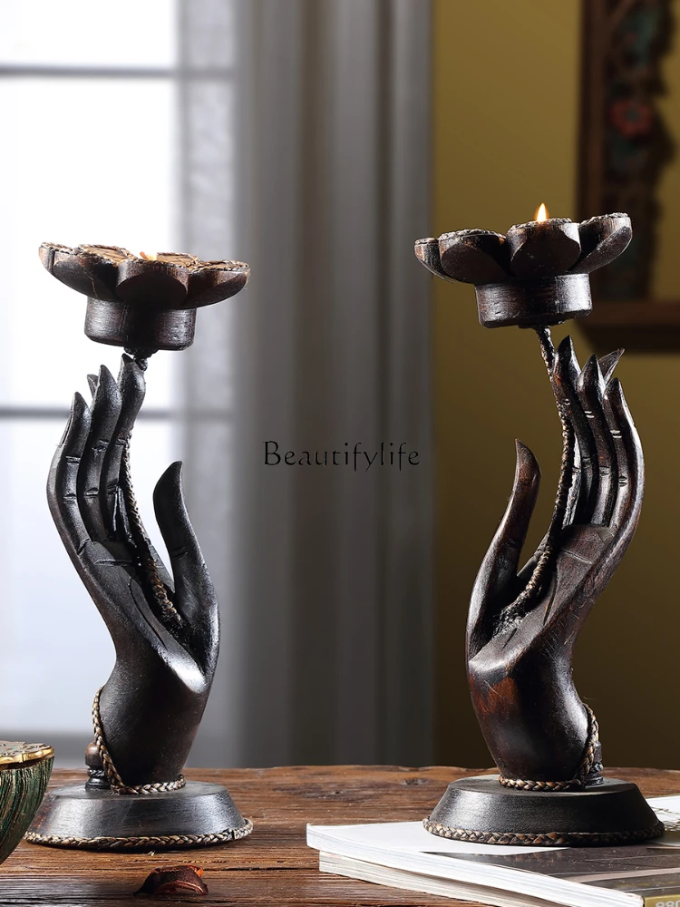 Southeast Asia Wood Carving Candle Buddha Hand Decoration Tea Table Hallway Desktop Ornament