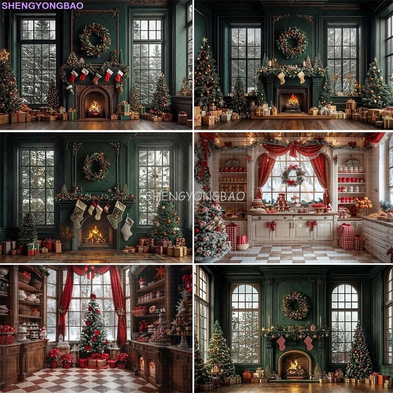 

Festive Christmas Room Fireplace Photography Backdrops Winter New Year Holidays Party Xmas Tree Window Photo Background BR-21