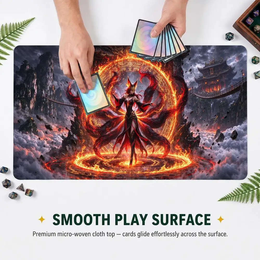 60X35cmOriental Mountain Temple Nine Tailed Fox TCG Play mat Non-Slip Rubber Base Stitched Edge Table Mat for Card Game Desk pad