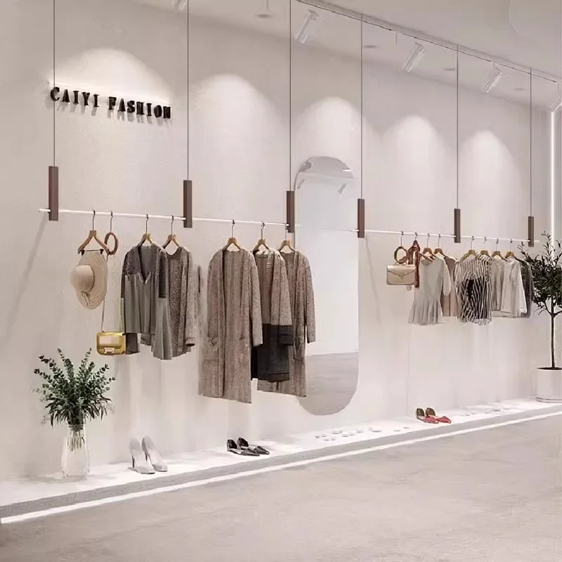 Clothing store display rack stainless steel hanger hanger wood grain color brick and mortar store decoration wedding dress