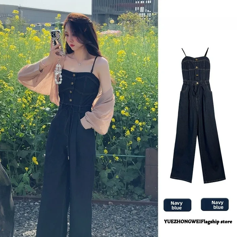 

Джинсовый комбинезон с высокой талией и широкими штанинами, женский летний утягивающий комбинезон без рукавов с низкой талией, брюки, другая ткань