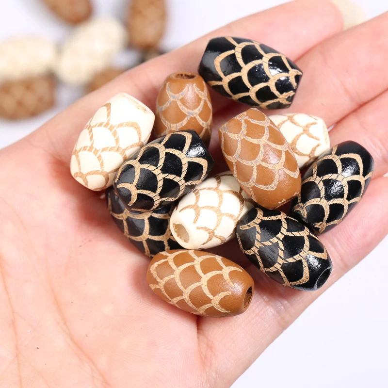 10pcs 12x19mm Vintage Fish Scale Pattern Wooden Beads Oval Large Hole Wood Spacer Beads For Boho DIY Jewelry Making Accessories