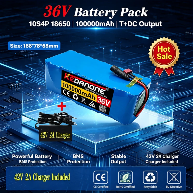 36V Elektroroller-Akku 10S4P 100000mAh 18650 Lithium-Akkupack, Xt60-Stecker + DC-Stecker, mit BMS für E-Bike E-Scooter Hochleistung 42V 350W-500W