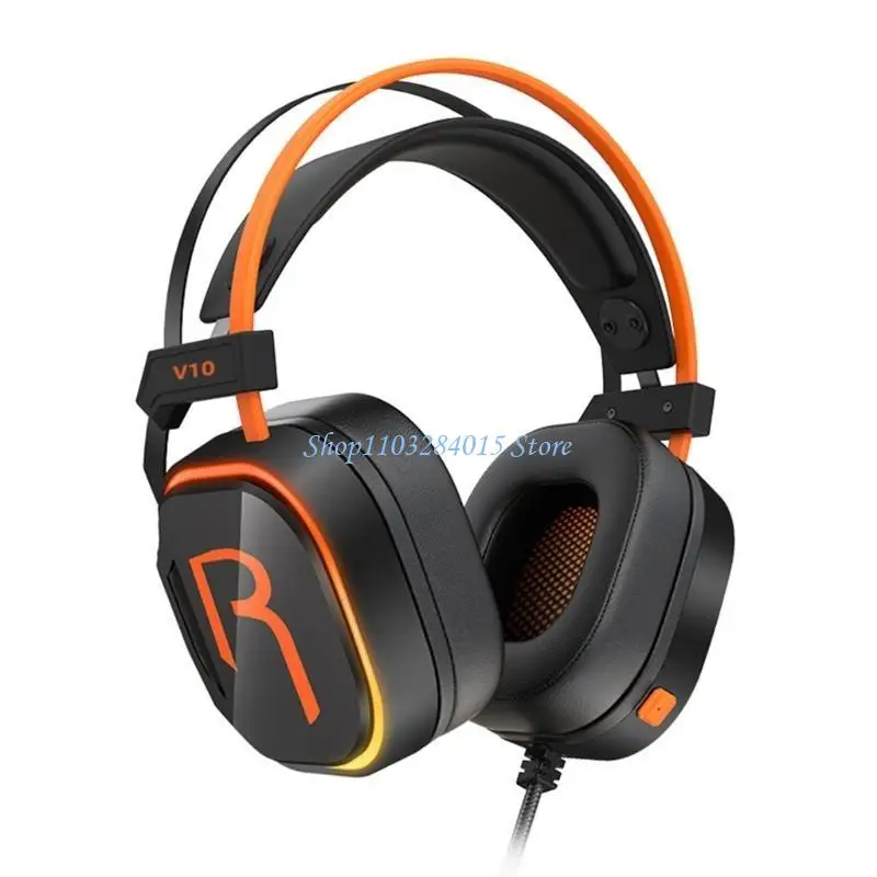R6FF V10 Over Ear USB Corded Gaming Headphones Headsets Protein Leather Ear Cushions