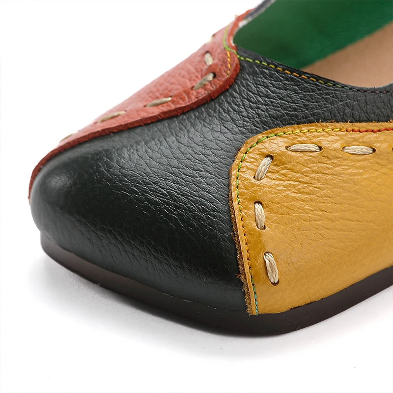 New Handmade Cow Leather Shoes Women\'s Luxury Vintage Loafer Woman Patchwork Square Toe Flats Ladies Shallow Slip On Moccasins