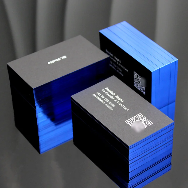 

Customized Wholesale Luxury Business Card with Hot Stamping Edge Colored Gold Foil Border Printing QR Code Thick Black Paper