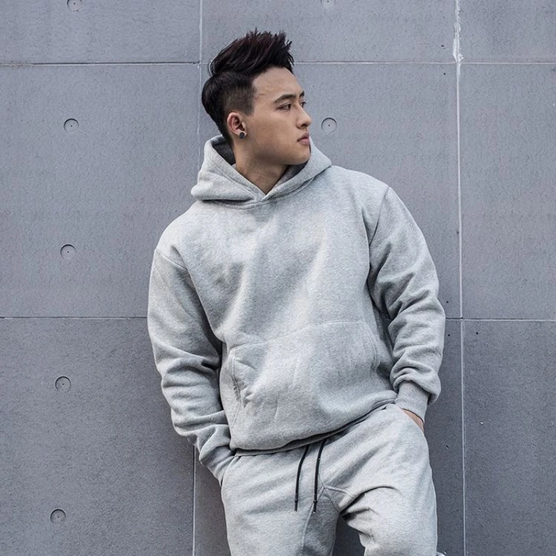 Men's Winter Solid Color Loose Hooded Workout Top Trendy Muscle Man Fitness Pullover Sportswear