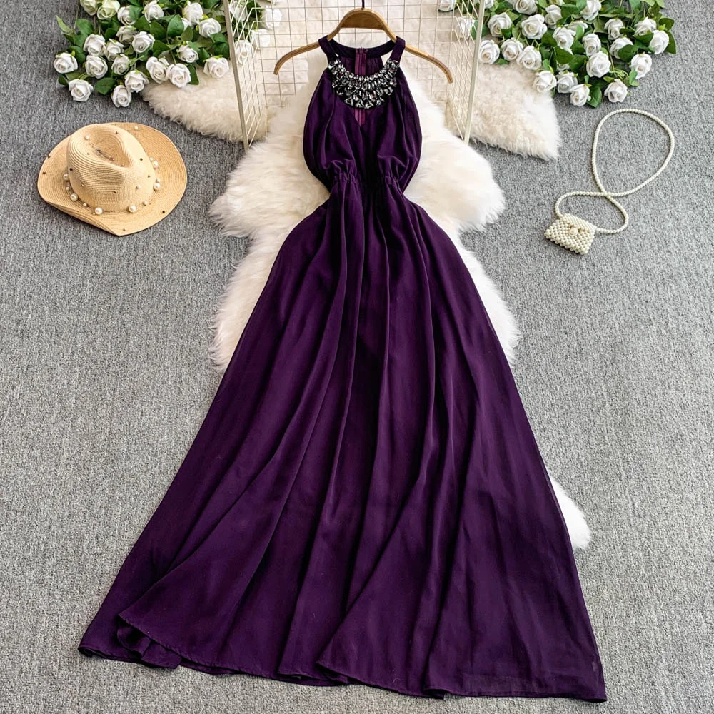 Clothland Vrouwen Sexy Kralen Diamant Maxi Jurk Uitgesneden Mouwloos Een Stuk Vrouwelijke Chic Lange Jurken Vestido QE045