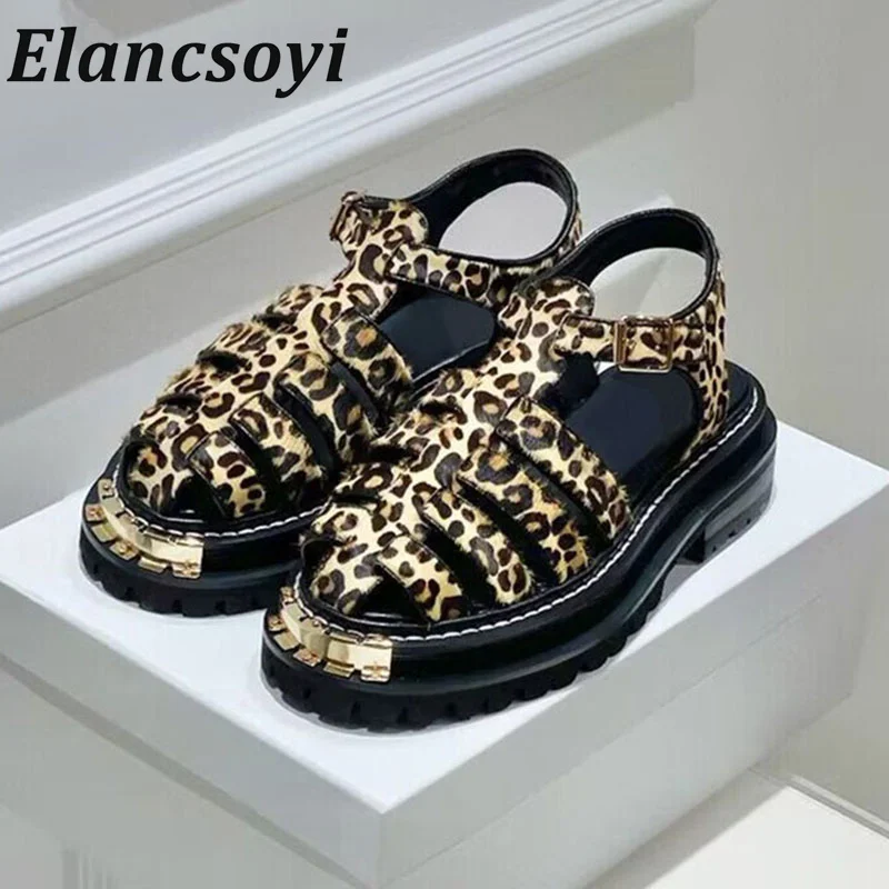 

Summer Leopard Print Solid Color Metal Decorative Sandals Women's Thick Soled Versatile Sandals Daily Casual Commuting Shoes