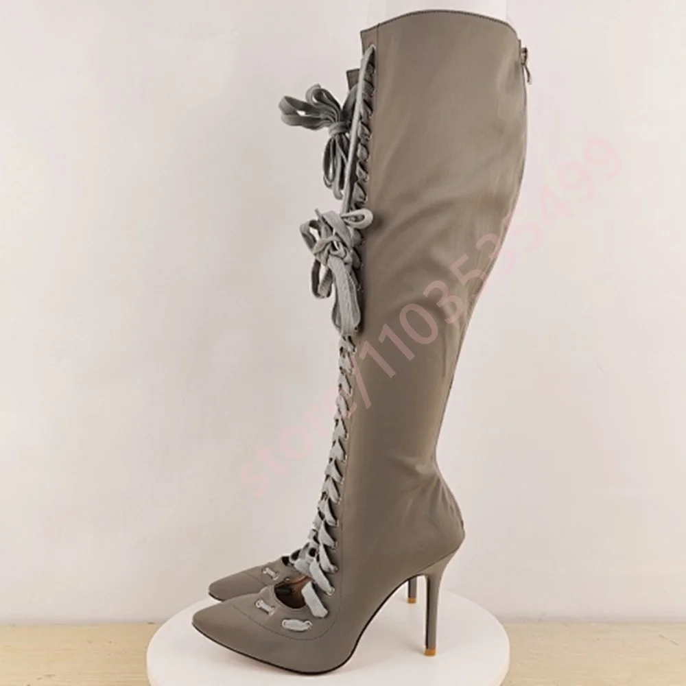 أشار تو الدانتيل متابعة مثير المرأة أحذية عالية في الركبة 2025 الخريف الرجعية المدرج خنجر الأحذية الأخضر/الرمادي حفلة حذاء طويل غير رسمي #3