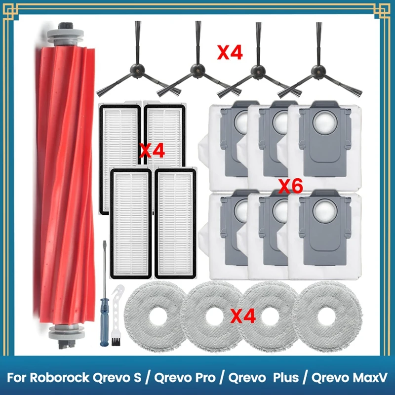 21PCS Main Brush Side Brush Hepa Filter Dust Bag For Roborock Qrevo S, Qrevo Pro, Qrevo Maxv Robot Vacuum Cleaner Parts