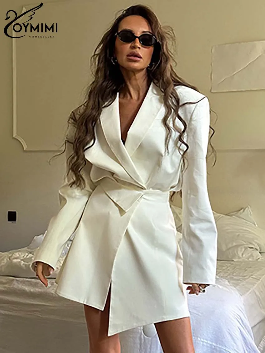 Oymimi Fashion White Sets For Women 2 Pieces Elegant Long Sleeve Pockets Button Shirts + High Waist Asymmetrical Mini Skirts Set