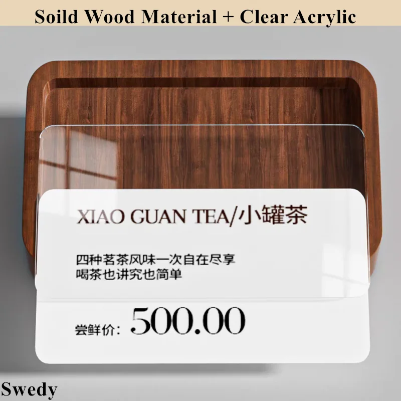 88x46mm Slanted Acrylic Sign Holder Display Stand Wooden Base Hotel Restaurants Table Menu Paper Holder Mini Price Label Tags