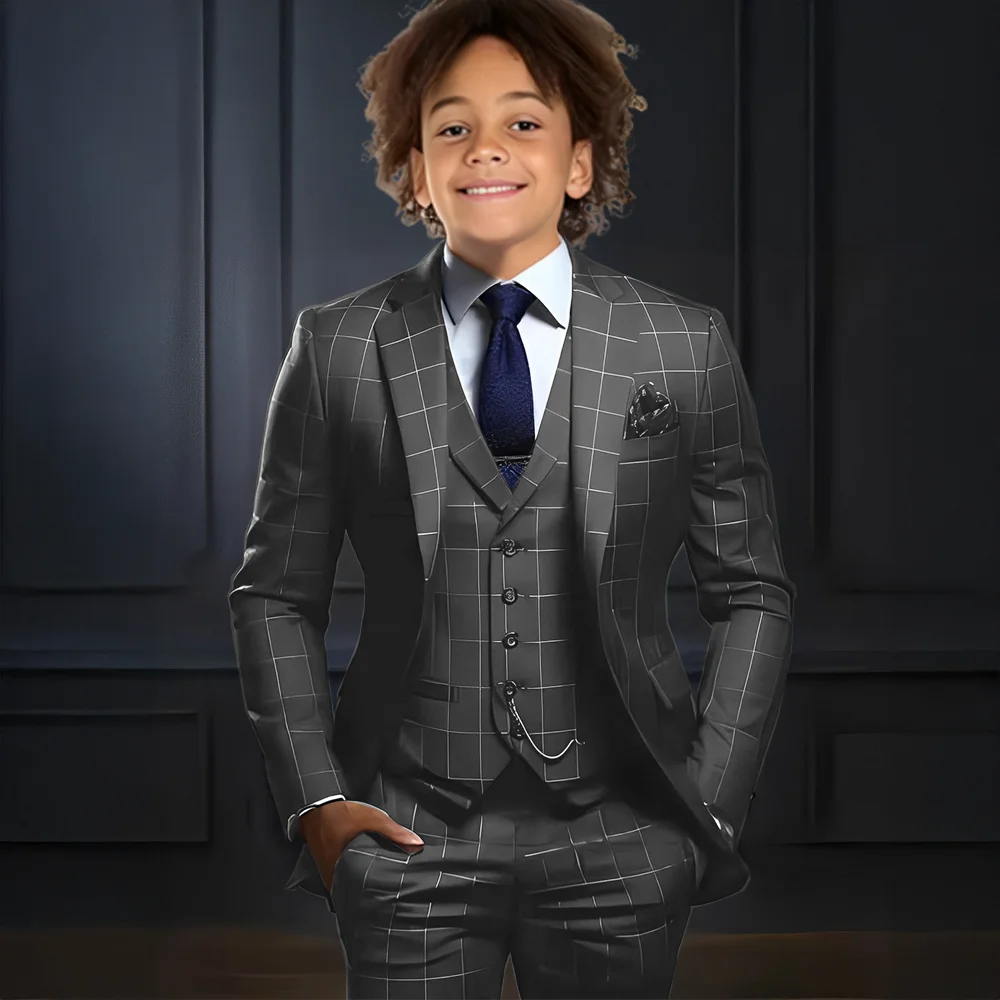 Fashion Plaid Boys Suit Set 3 piece Jacket Pants Vest Outfit Formal Party Dress Kids Tuxedo for Wedding Party Boy Suits