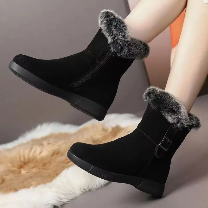 

Suede Genuine Leather Winter Women Fluffy Booties Ankle Snow Boots Autumn Soft Solid Flats Plush Warm Fur ZIP Shoes Simple New