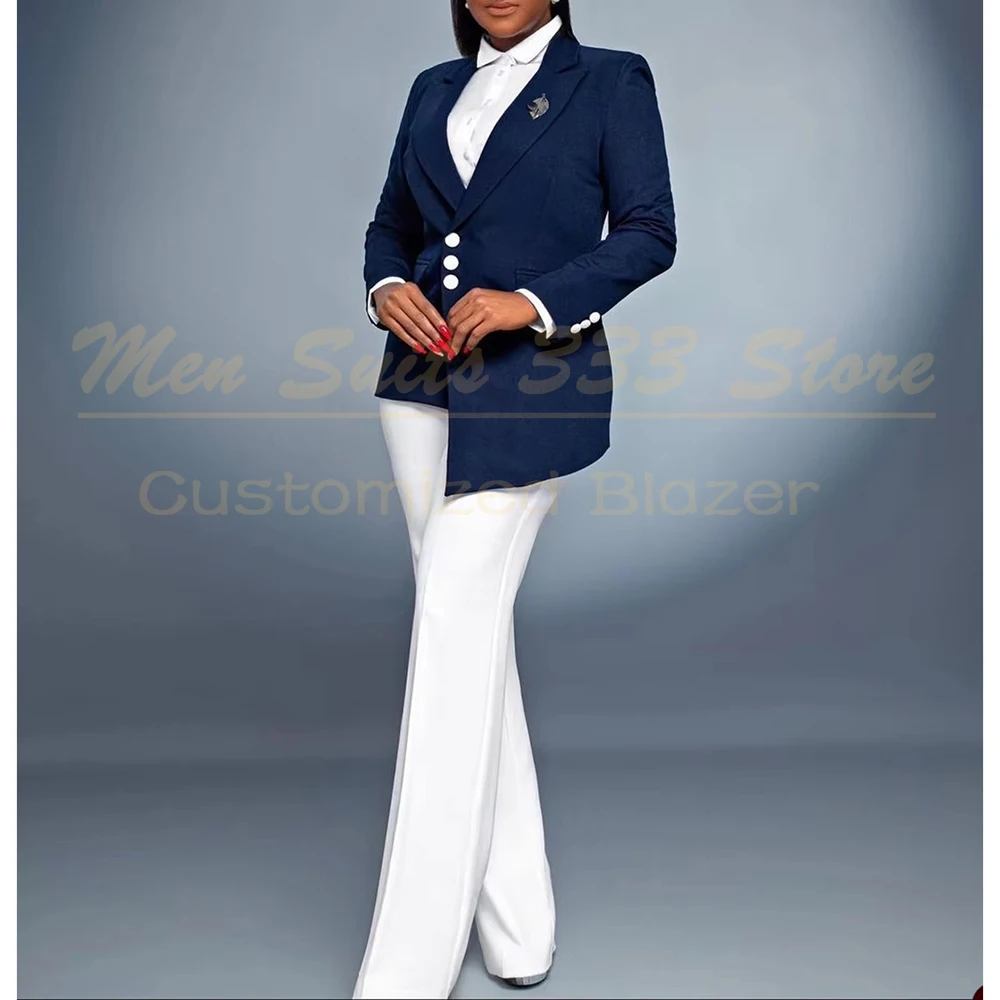 Luxury Office Lady Women's Suits Blazer Navy Blue Jacket White Pants 2 Piece Customized Single Breasted Peak Lapel Clothing