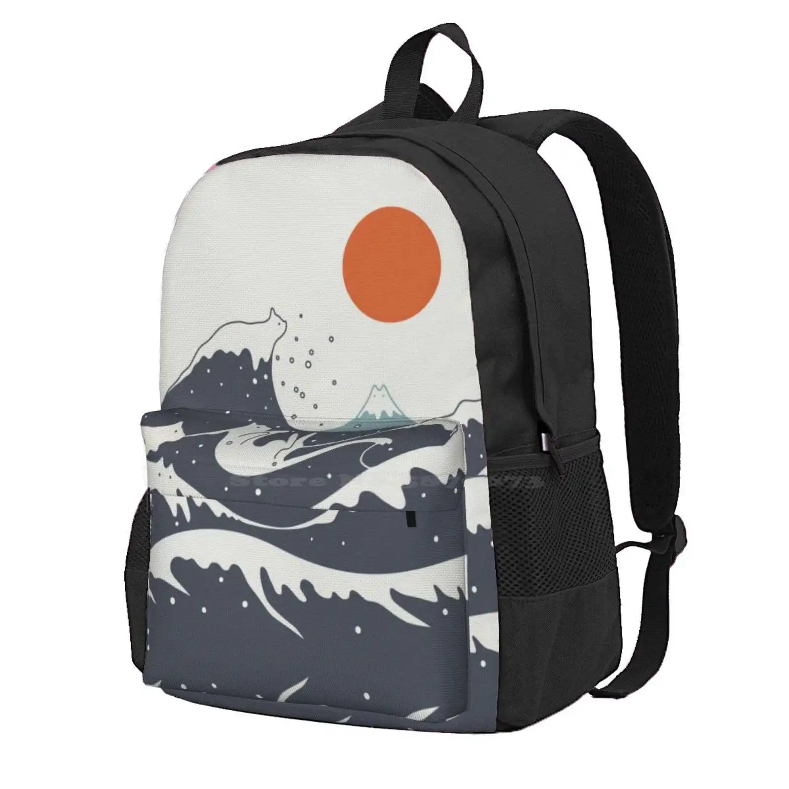 Cat Landscape 55A Hot Sale Schoolbag Backpack Fashion Bags Cat Lover Ocean Sea Cat Land Sunset Great Wave Landscape Cat Wave