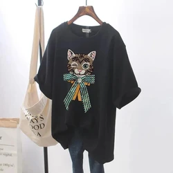 女性用半袖Tシャツ,夏,黒猫柄,ラウンドカラー,ラージサイズ6xl,150kg