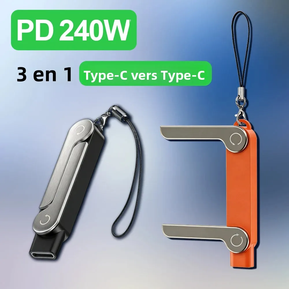 Câble de charge USB Type C plat avec support invisible pliable pour téléphone, charge rapide 240W
