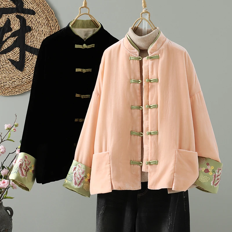 

Зимняя женская куртка в китайском стиле из бархатного хлопка, новогодняя верхняя одежда, розовая, утепленная, с длинными рукавами, стандартной длины