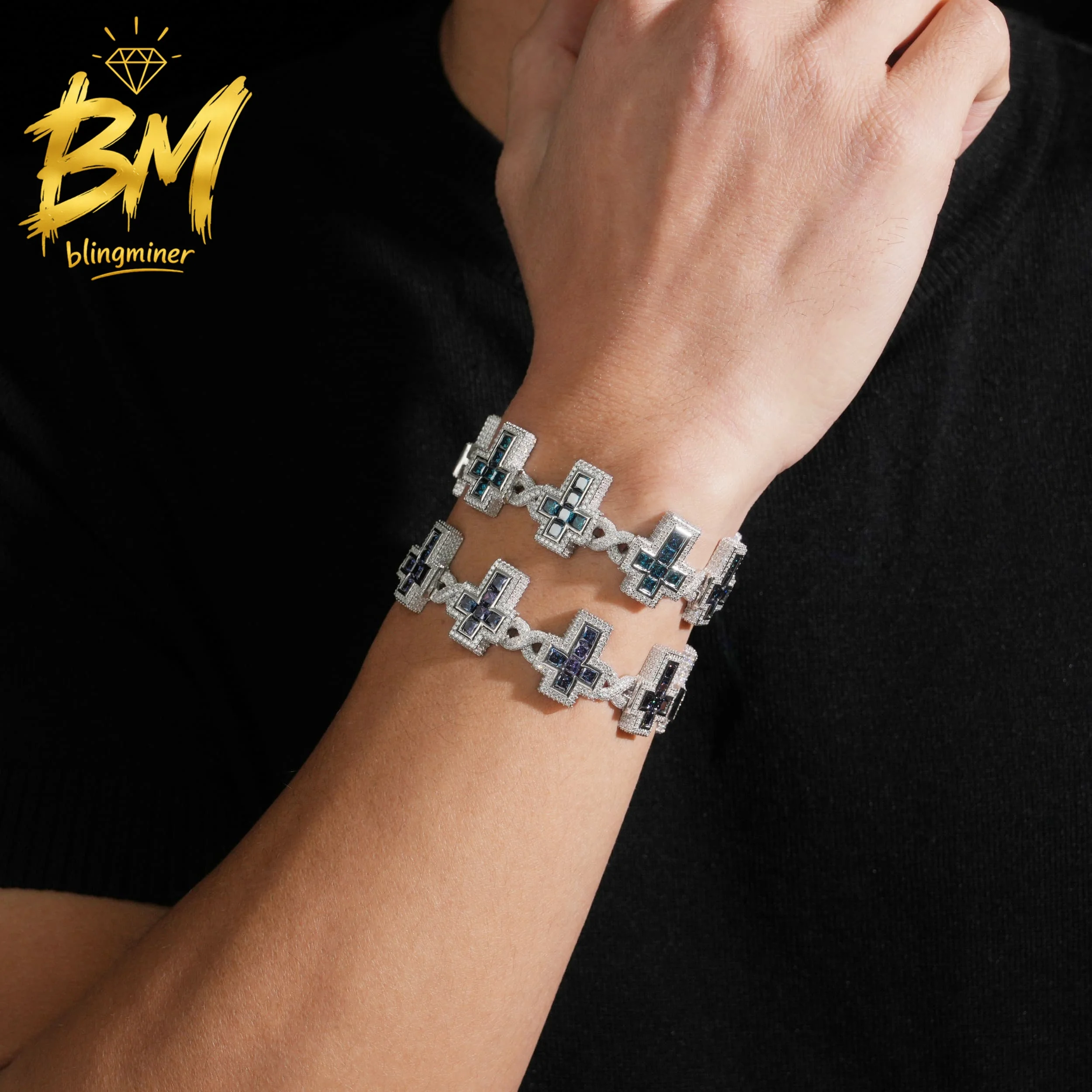 Blingminer Luxury Color Cross VVS Moissanite Bracelet Iced Out Cuban Chain For Men Women S925 Silver Jewelry Pass Diamonds Teste
