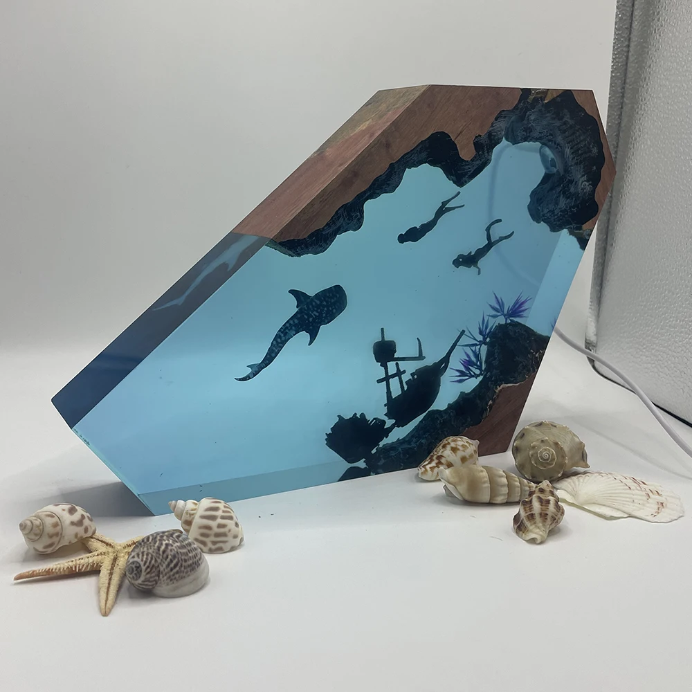 Walvis Duikers Onderzeese Hars Licht Creatieve Kunst Mooi Nachtlampje Ambachtelijke Oceaan Landschap Decoratie USB Sfeer Tafellamp