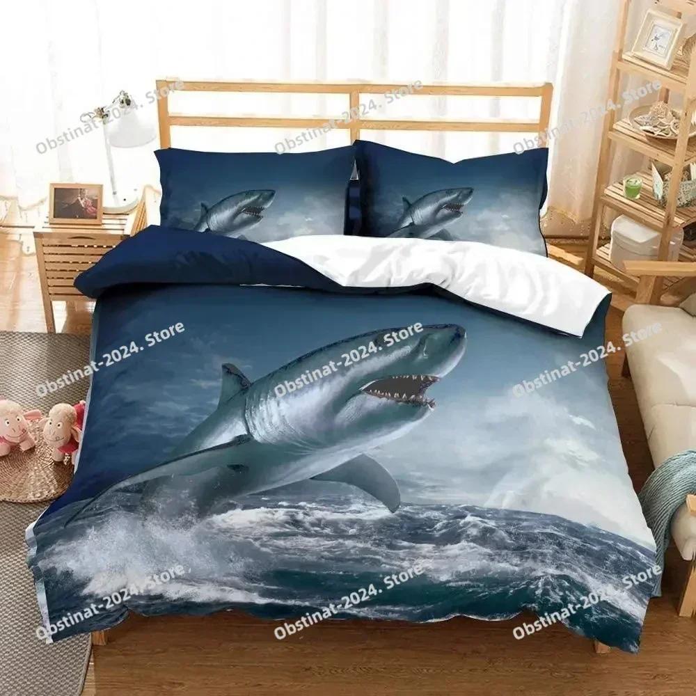 Shark Duvet Cover Set 3D Shark Jumping From Ocean Big Open Mouth Print Twin Bedding Set Double Queen King Polyester Quilt Cover
