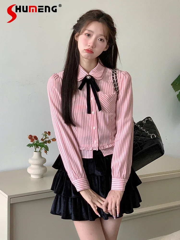 

Japanese Sweet Preppy Style JK Uniform Shirt Double-Layer Neck Bow Tie Long Sleeve Single-breasted Slim Striped Blouse Top Women