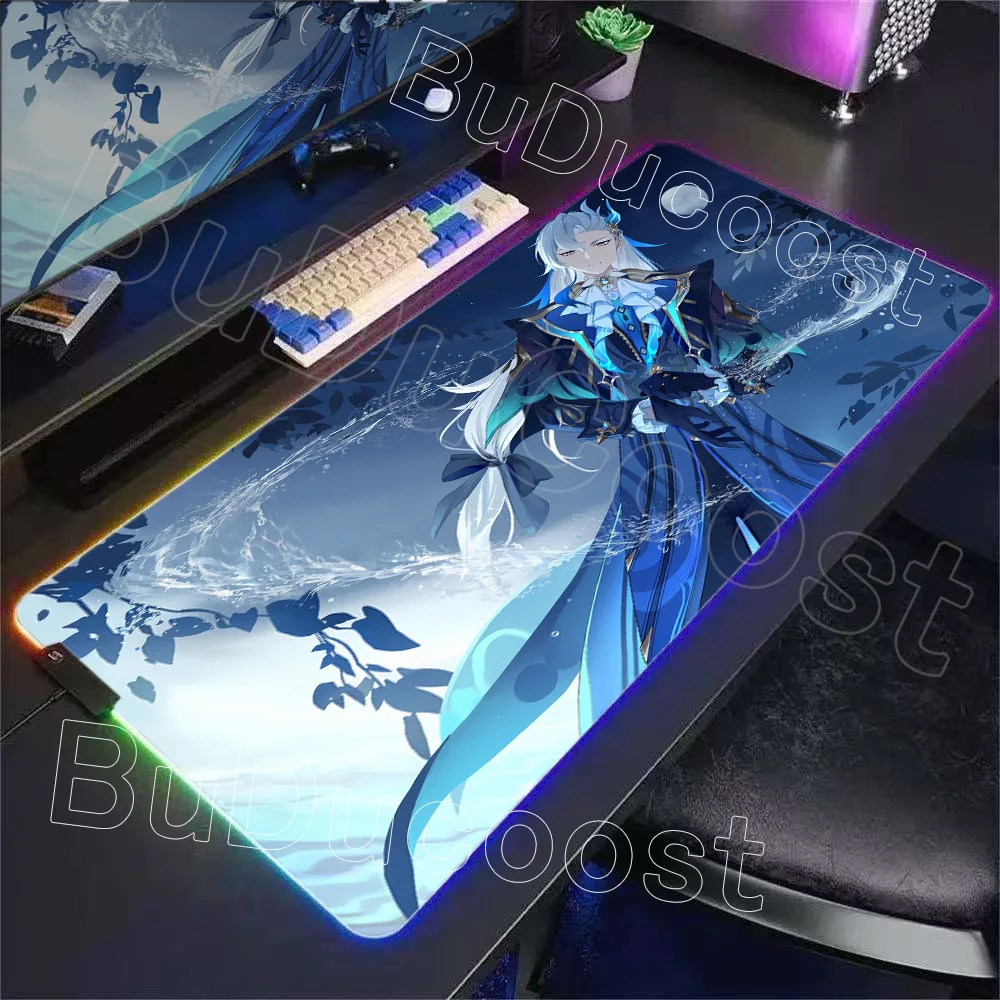 RGB LED Glowing Desk Mat Genshin Impact Gaming Mouse Pad Neuvillette Computer Mice Mat Accessories Large Desk Pad with Edge Lock