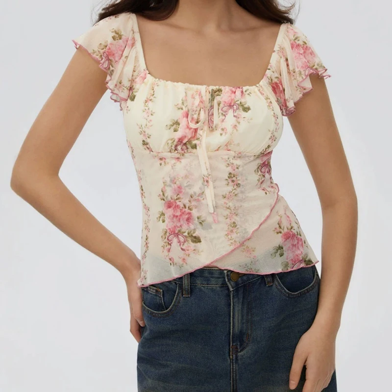 European and American Floral Top Square Collar Ruffle Sleeve Lace-up Waist Irregular Sweet Girl Short Small Shirt Ins Style