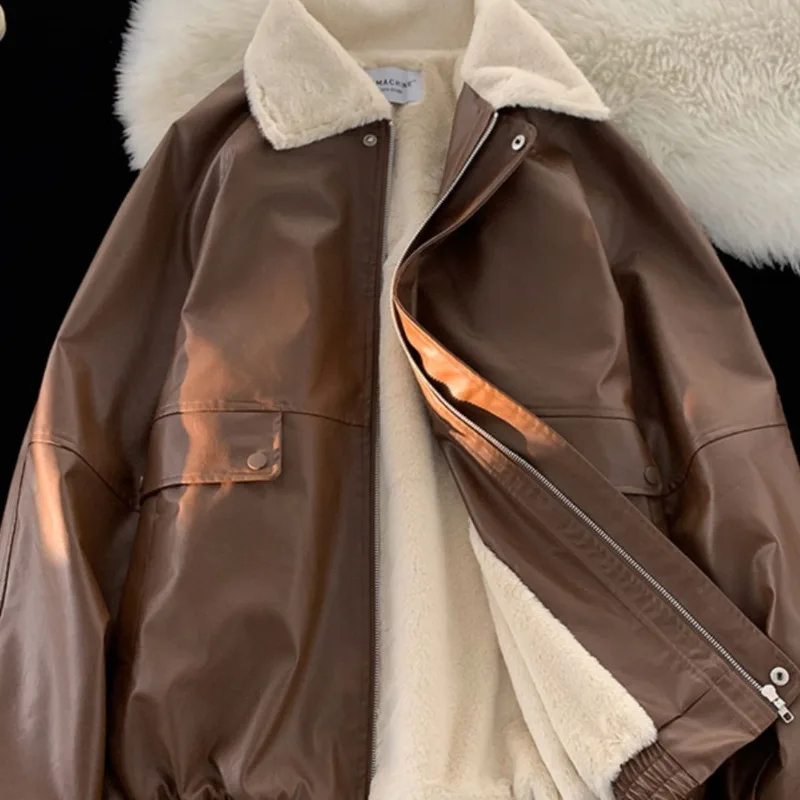 

Winter Lapel Pu Leather Women Padded Jacket Faux Lamb Vintage Spliced Zipper Outwear Loose Highstreet Fleece Collar Warm Coat