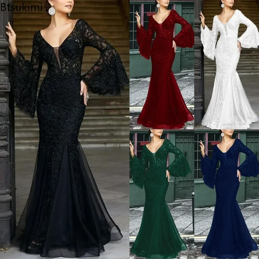 

New 2025 Women's Sexy V Neck Long Flare Sleeve Wedding Party Dresses Female Evening Elegant Night Club Prom Long Maxi Dresses