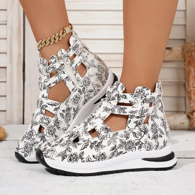 

2026 New Women's Thick Heel Heightening Sandals Hollow out round Toe Sporty Style Casual Roman Sandals Rubber Outsole