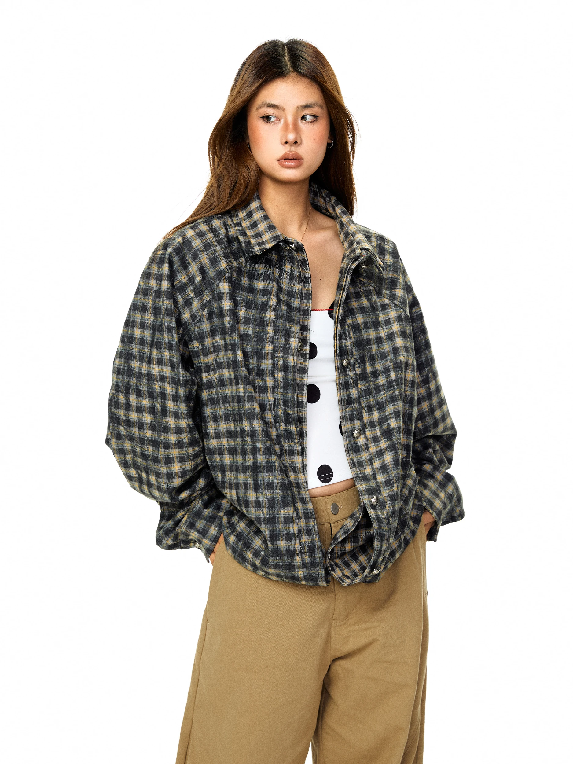 

Blabb Весна 2026: Новая повседневная свободная женская верхняя одежда с длинным рукавом, тай-дай принтом и клетчатым узором, дышащая, из полиэстера и хлопка