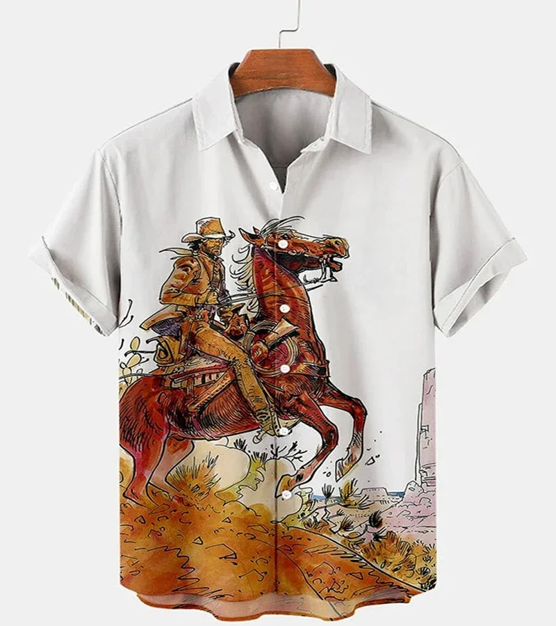 

Boutique Cowboy Horse Racing Print Short-Sleeved Shirt Men's Casual Clothing Men's Fashion Top Men's Sports Breathable Cardigan