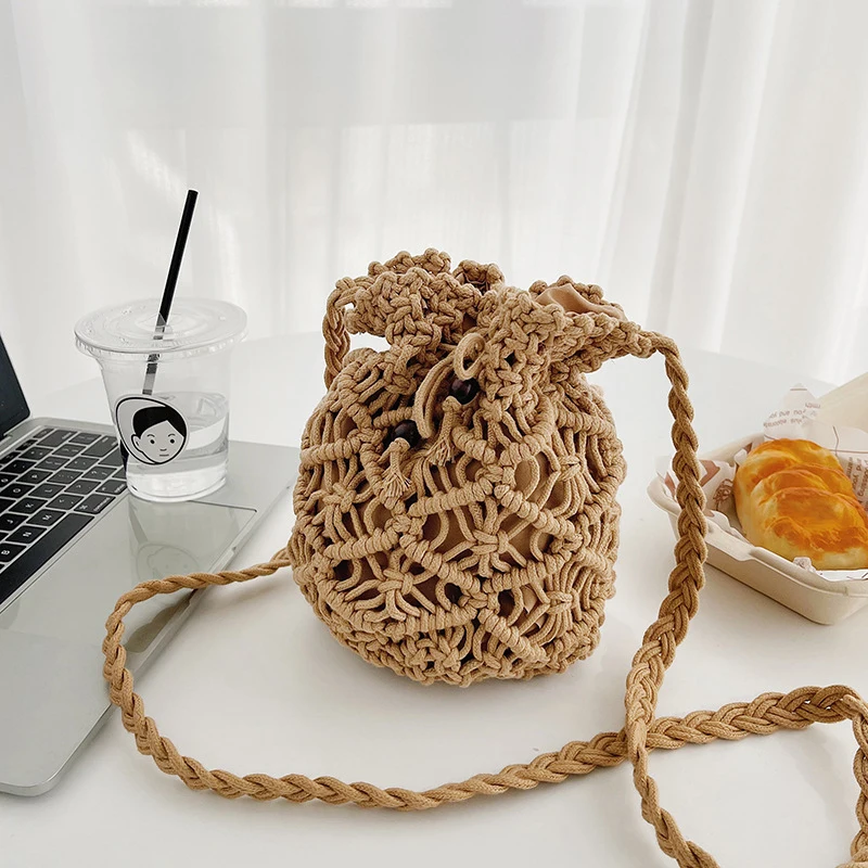 Summer New Water Bucket Bag Korean Version Beach Grass Woven Bag Hollow Woven Shoulder Bag Crossbody Bag Small Bag Girl