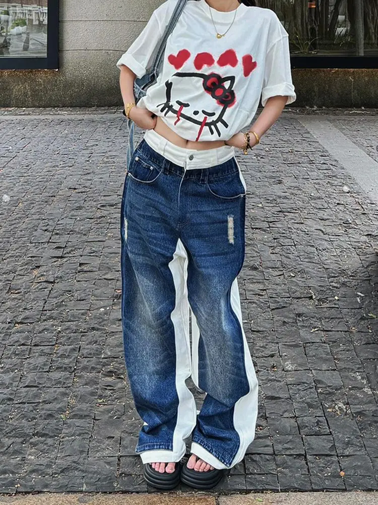 여성 빈티지 Y2k 배기 진 2025 가을 화이트 블루 패치워크 하라주쿠 데님 바지 일본 2000년대 그런지 청바지 의류