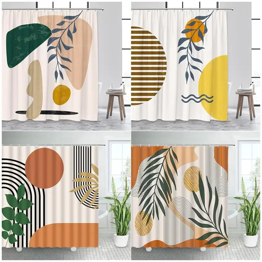 Creative Geometric Shower Curtains Plants Leaves Black Lines Abstract Art Mid Century Bath Curtain Fabric Bathroom Decor Hooks