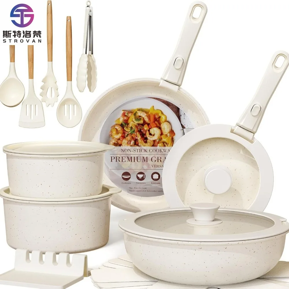 

Milk White Pot Set Solid Color High Value Flat Bottom Non-stick Pot Set Universal Pot Set 21-piece Set