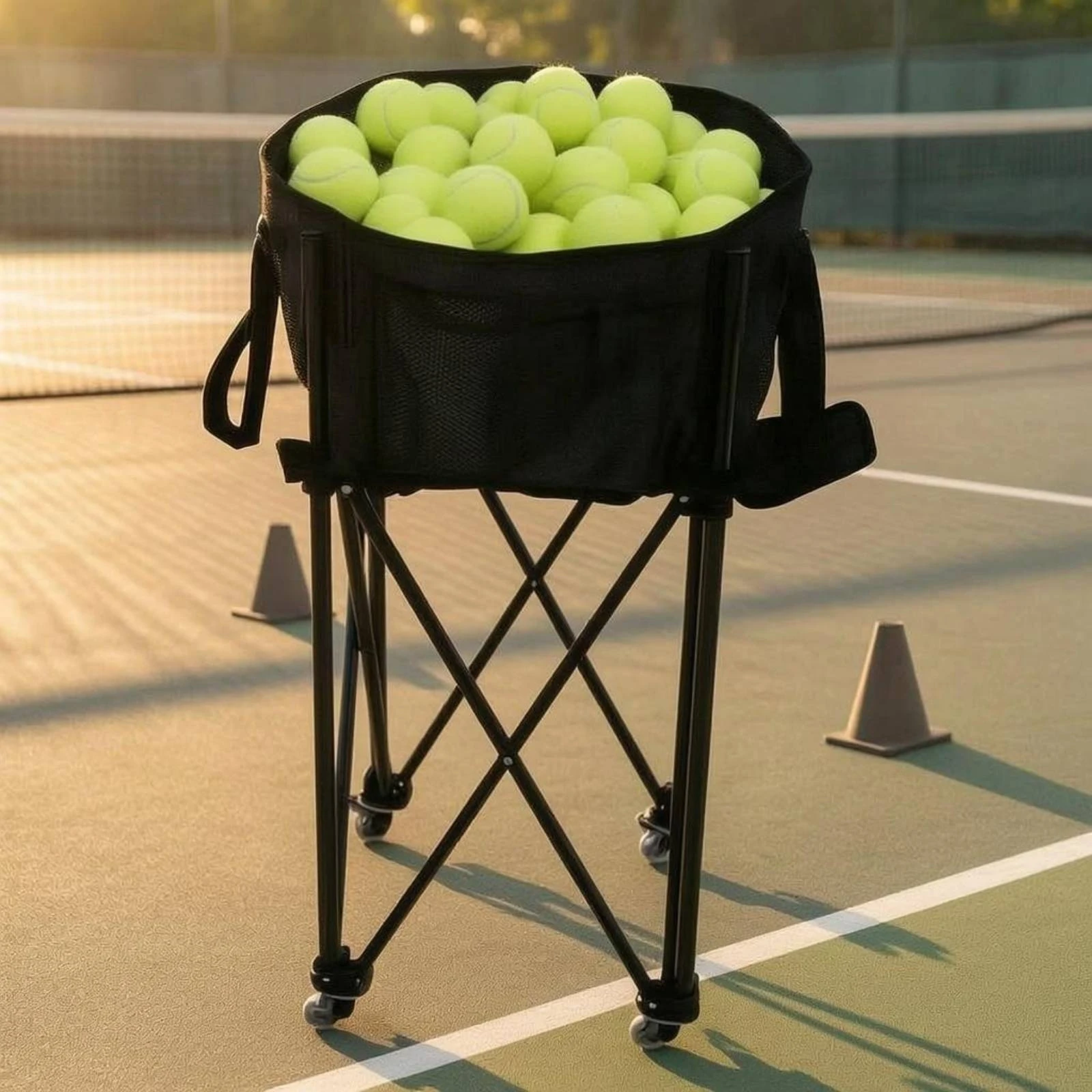 Foldable Tennis Ball Cart Caster Wheels Tennis Ball Cart Mesh Pocket Metal Frame for Training Sessions image 5