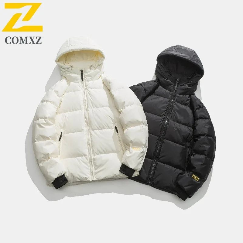 COMXZ Men Winter Jacket Hooded Solid Color New Style Extreme Cold Windproof Snowy Padded Jacket Travel Thick Warm Puffer Jacket