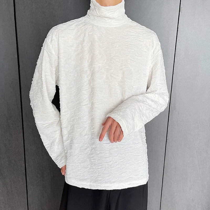 

Fashion Korean Menswear Solid Color Bubble Knitting Pullovers New Loose Turtleneck Base T-shirt Tide Spring Winter 2022