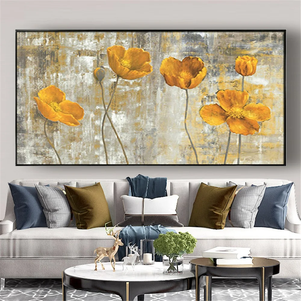 

Khaki Drawing 100% Hand-Painted Oil Painting Decor Living Room Yellow Flower Wall Art Picture Large Poster Golden Lily Pattern