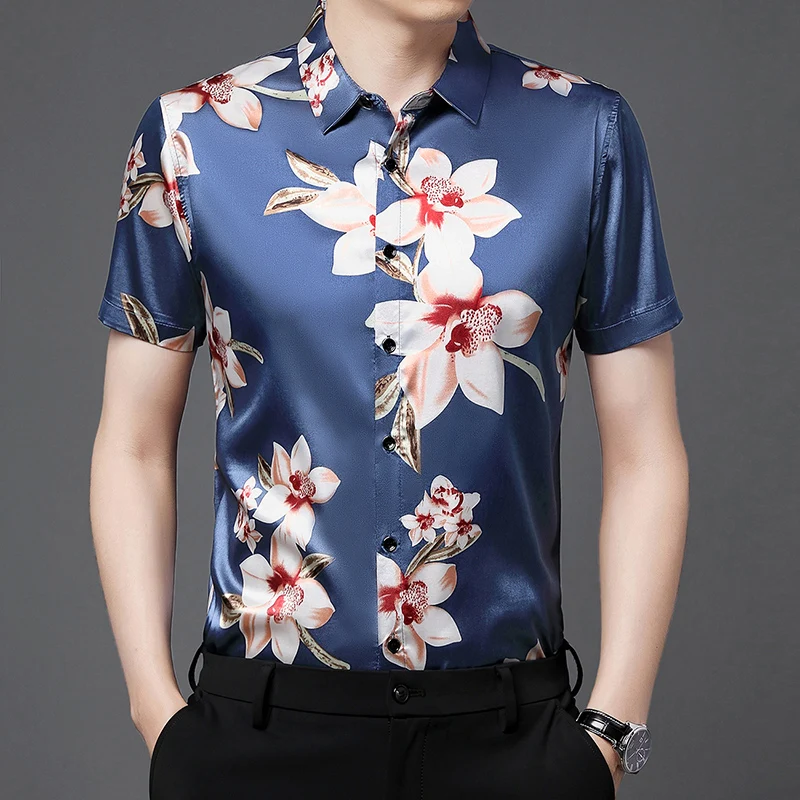 New 2022 Summer Male Floral Silk Clothing Short Sleeve Fashion Printing Smooth Satin Shirt Men Flowers Print Silk Dress Shirts