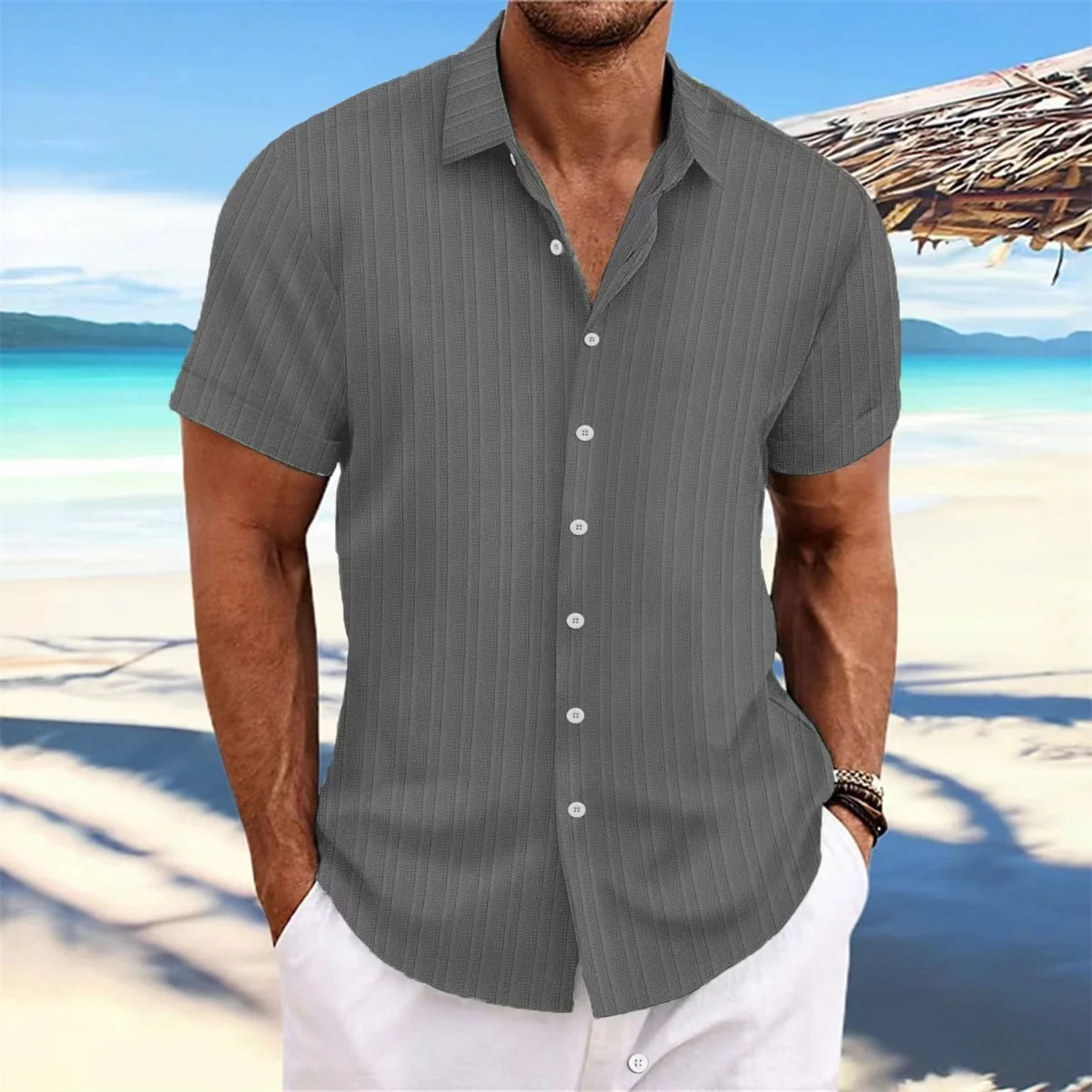 Fashionable Men Casual Everyday Summer Beach Style Short Sleeve Solid Color Striped Jacquard Lapel Comfortable Loose Top Shirt