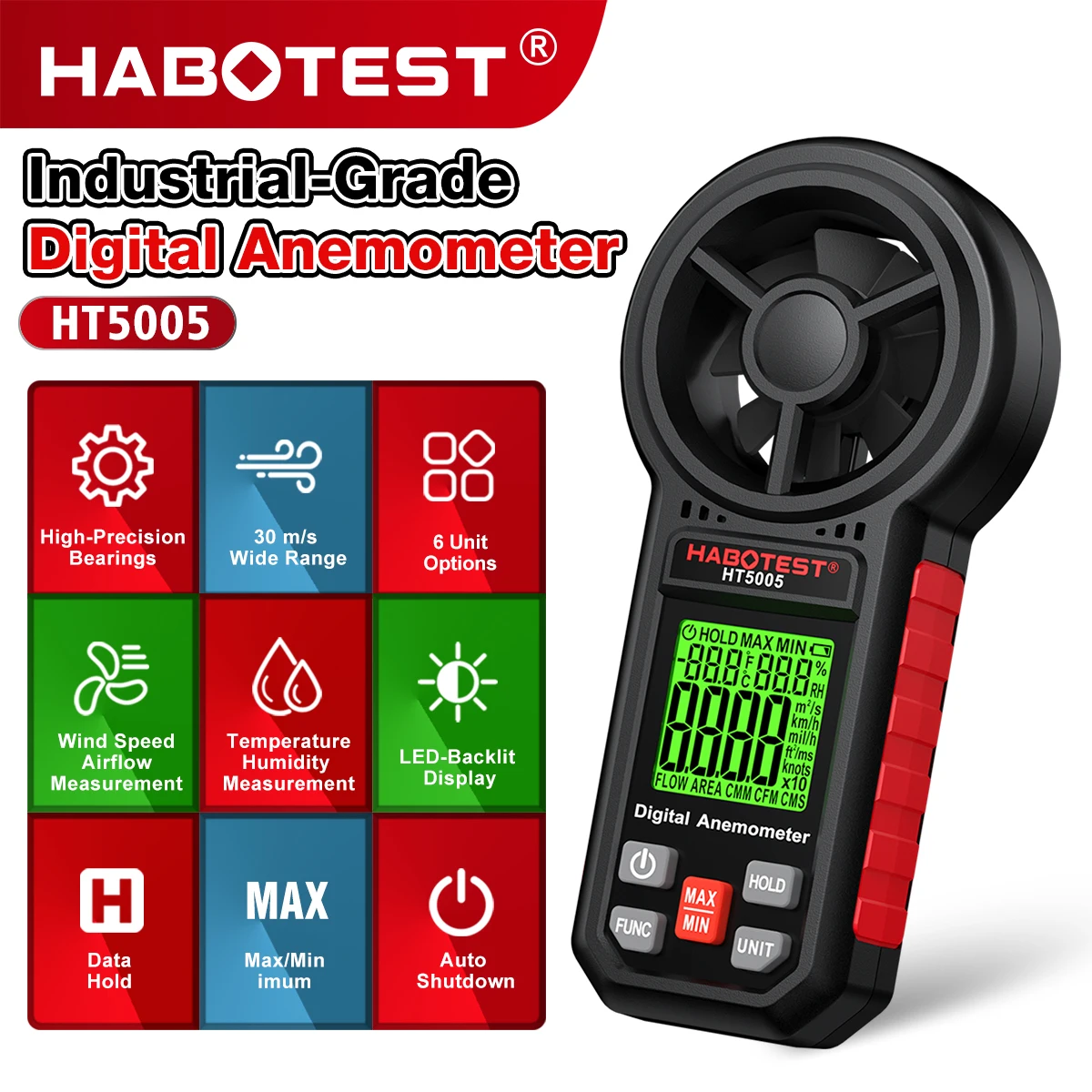 HABOTEST HT5005 Industrial-Grade Digital Anemometer High-Precision Bearing Technology Temperature and Humidity Measurement