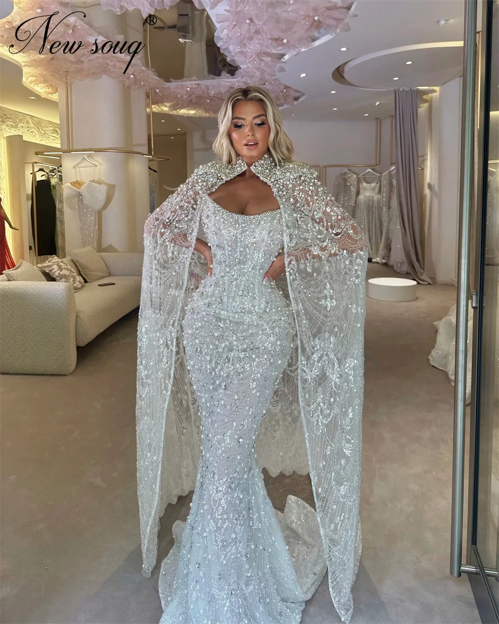 

Классические вечерние платья цвета слоновой кости с аппликациями из бисера, с рукавами-накидкой, в арабском стиле, фасон «русалка», для выпускного вечера, свадебные и праздничные платья на заказ