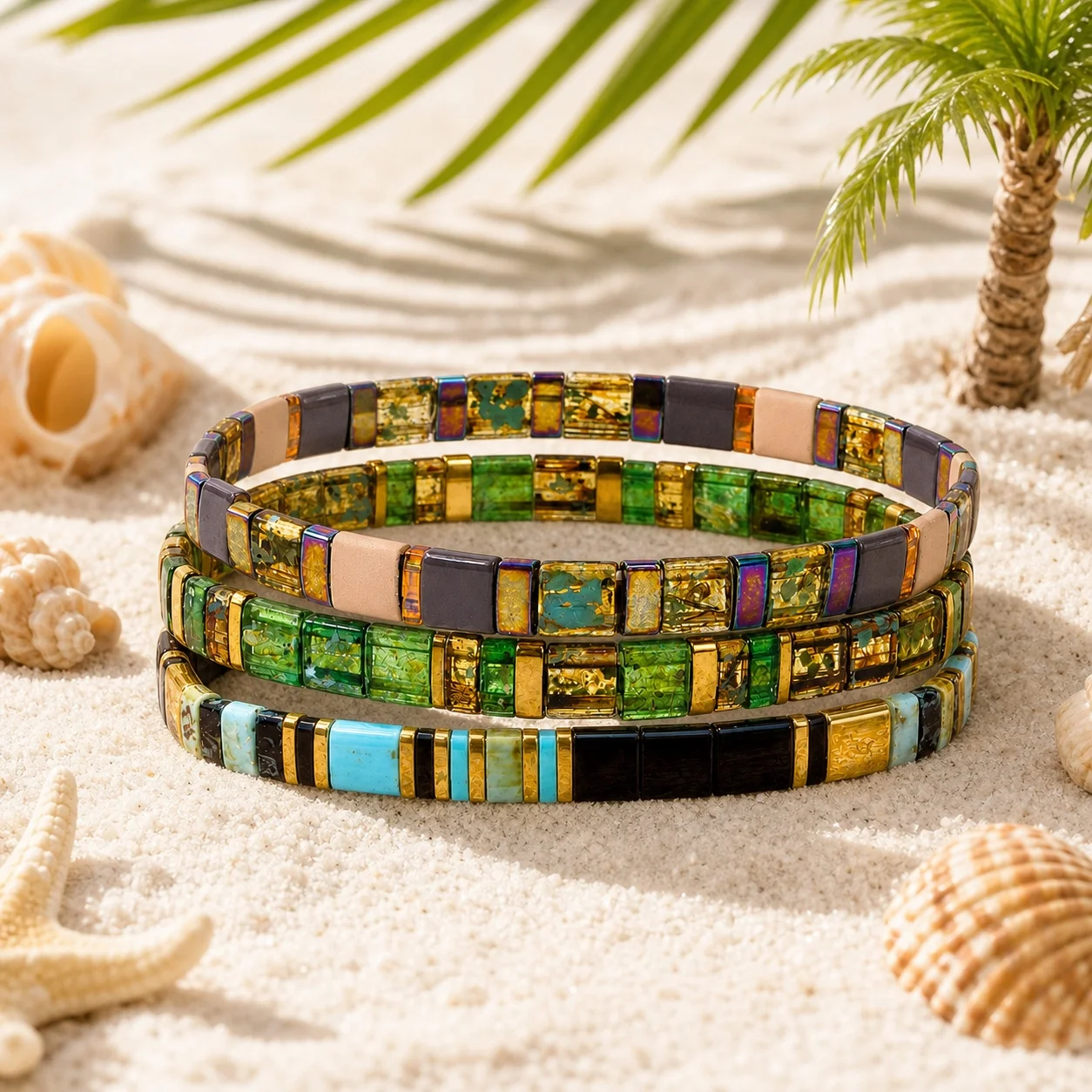 3pcs Colorful Glass Tile Bead Bracelet Geometric Square Beaded Stackable Bracelet for Women Beach Style Jewelry